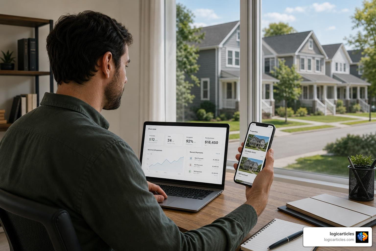 landlord managing properties digitally on desktop and mobile