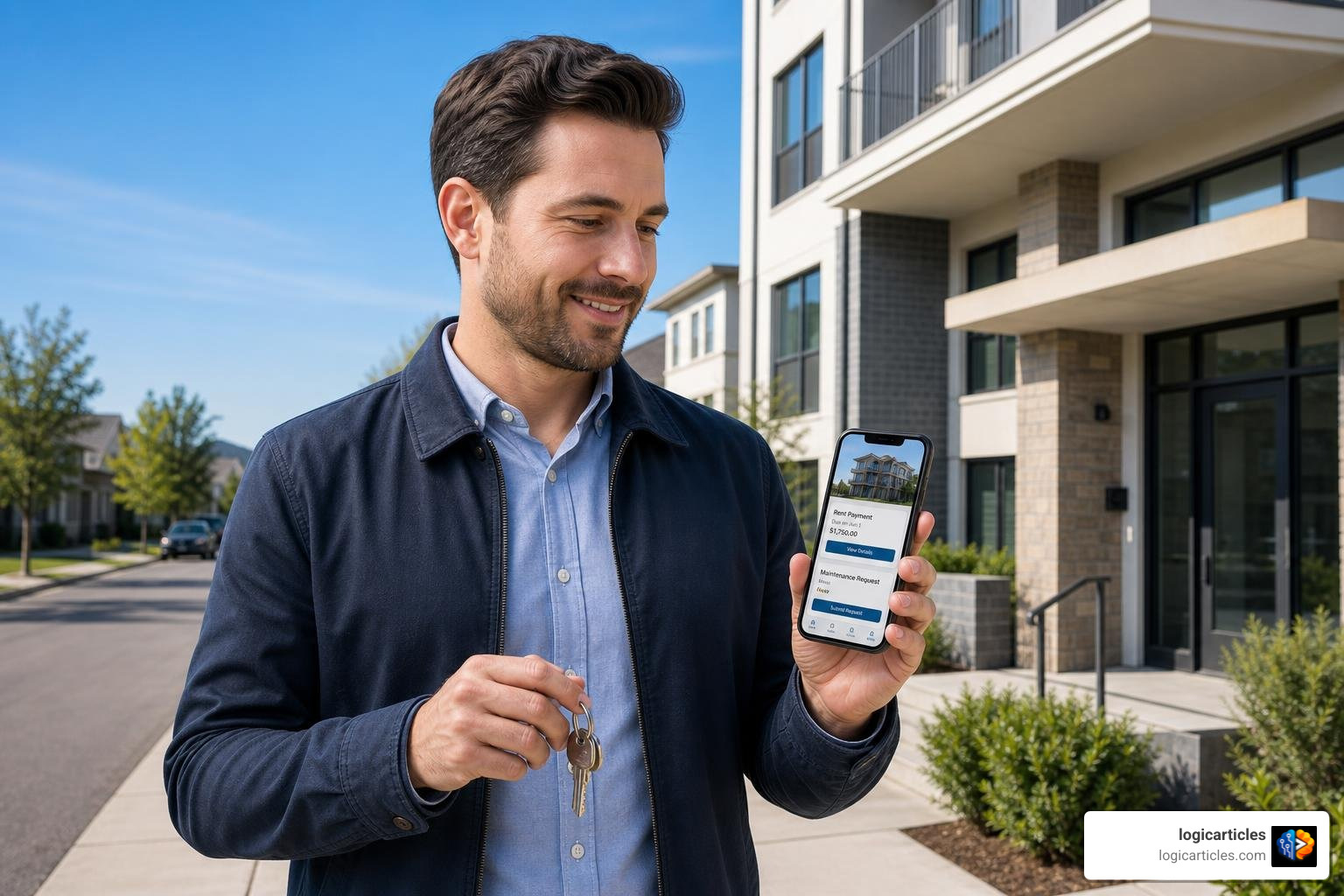 Landlord using a mobile property management app to track rent and maintenance on the go