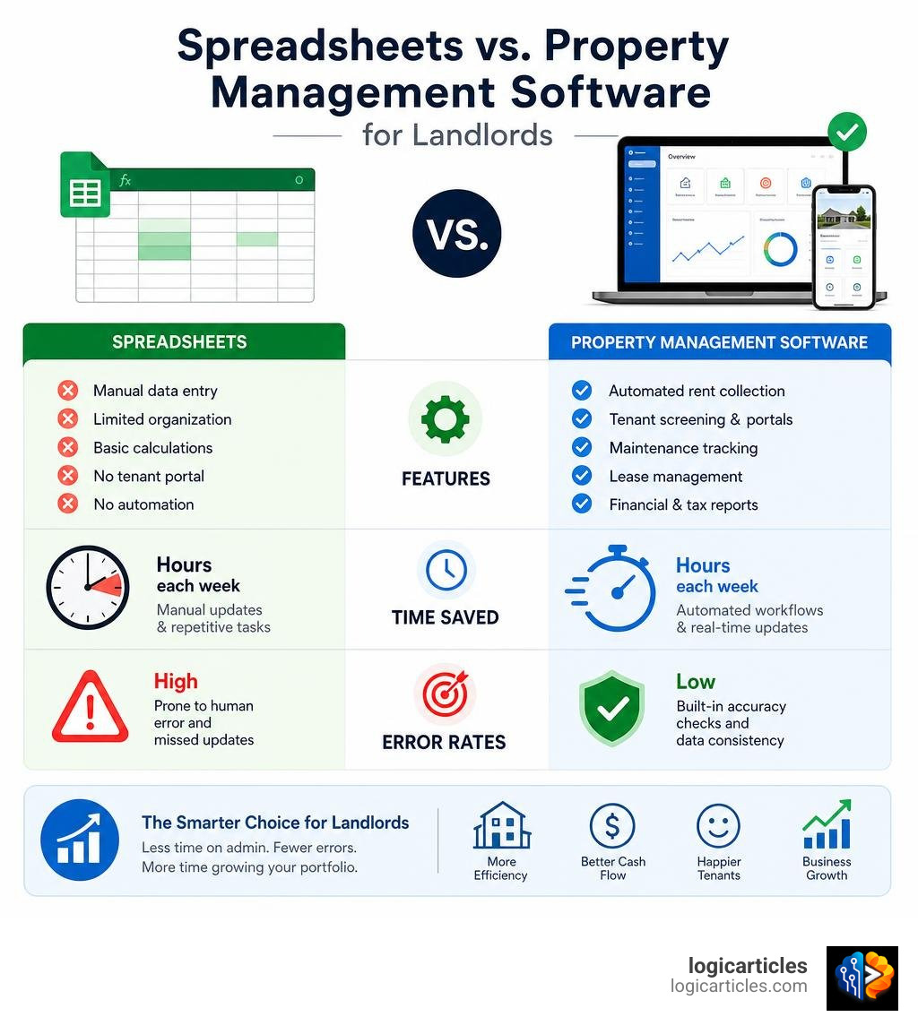 Infographic comparing spreadsheets vs property management software for landlords: features, time saved, error rates