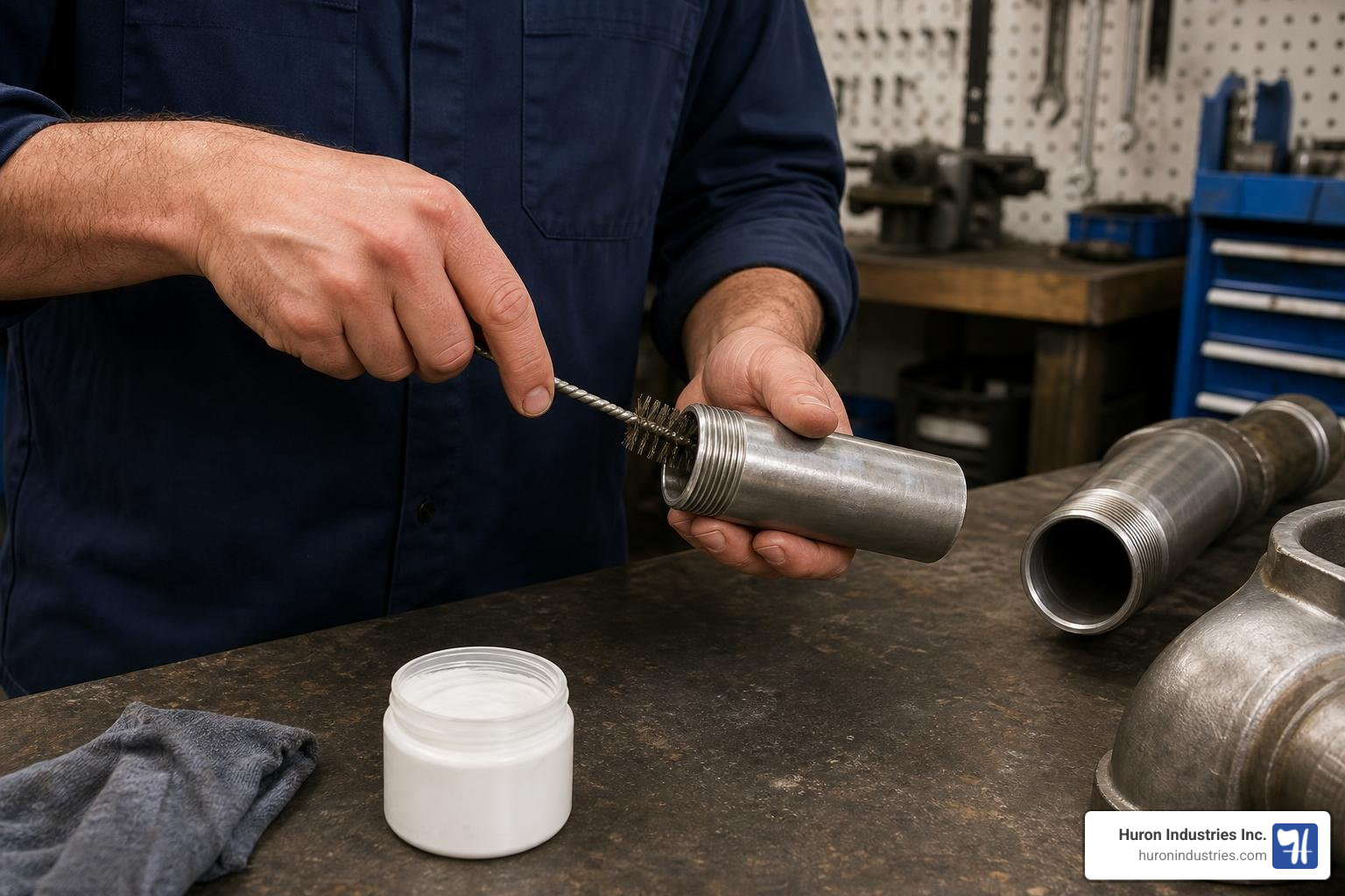 Technician cleaning stainless steel pipe threads with a wire brush before applying Formula 8