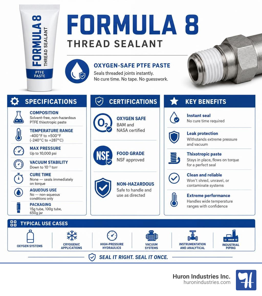 Formula 8 thread sealant quick-reference infographic: specs, certifications, key benefits, and use cases infographic
