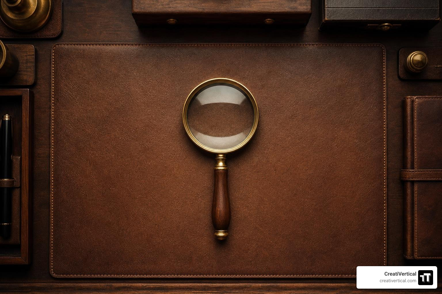 A vintage brass-rimmed magnifying glass resting on a clean, organized leather desk mat A vintage brass-rimmed magnifying glass resting on a clean, organized leather desk mat