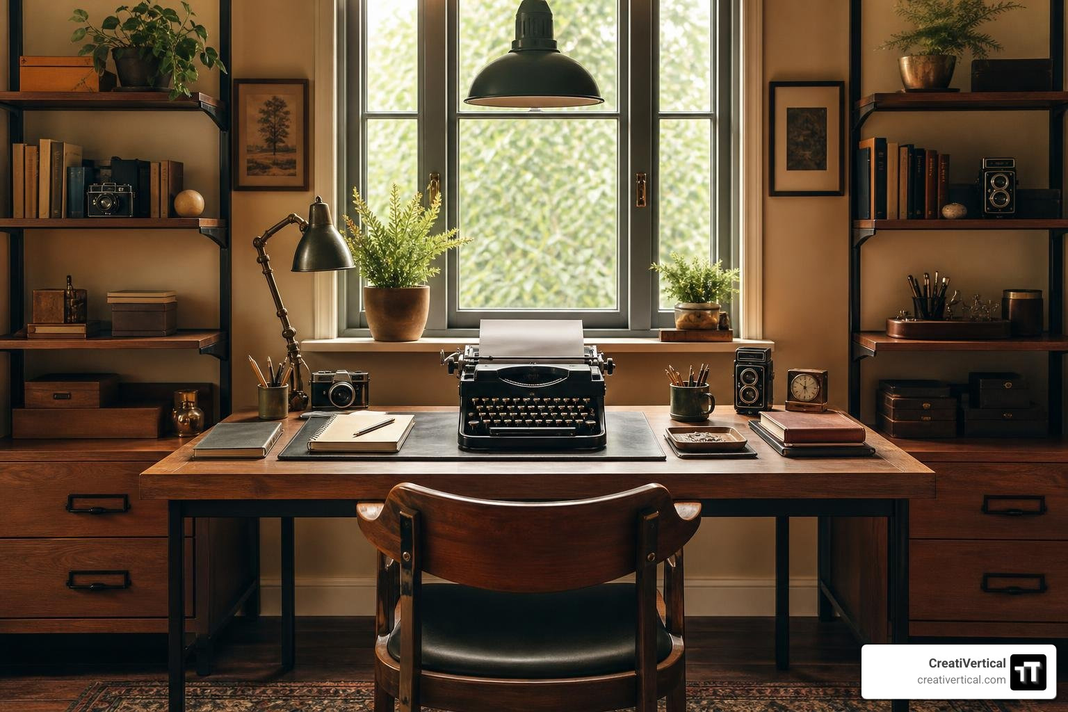 A tidy, symmetric creative designer workspace with vintage desk tools and notebooks A tidy, symmetric creative designer workspace with vintage desk tools and notebooks