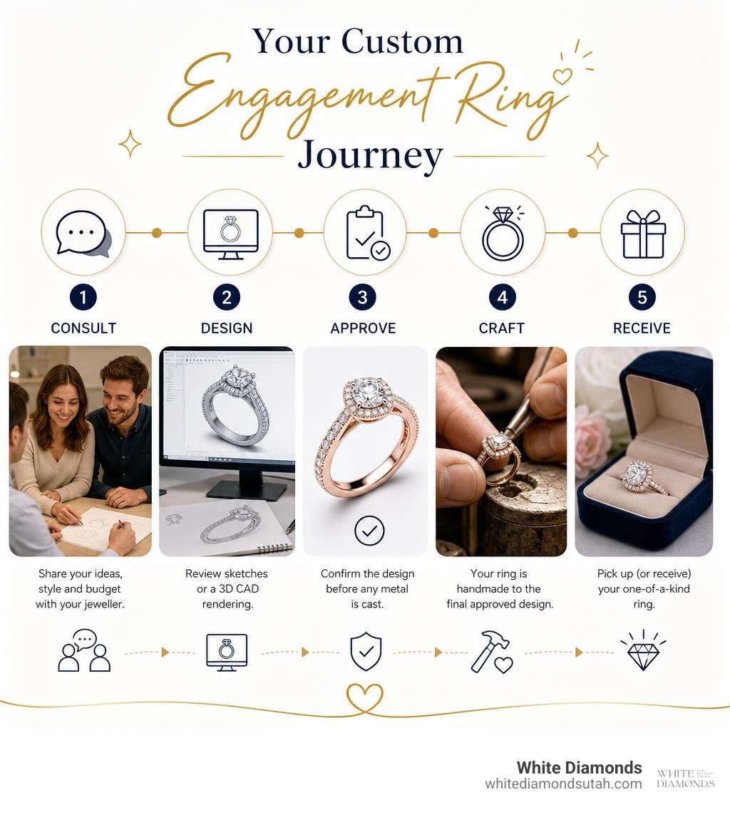 Custom engagement ring journey: consultation, design, approval, crafting, delivery steps infographic