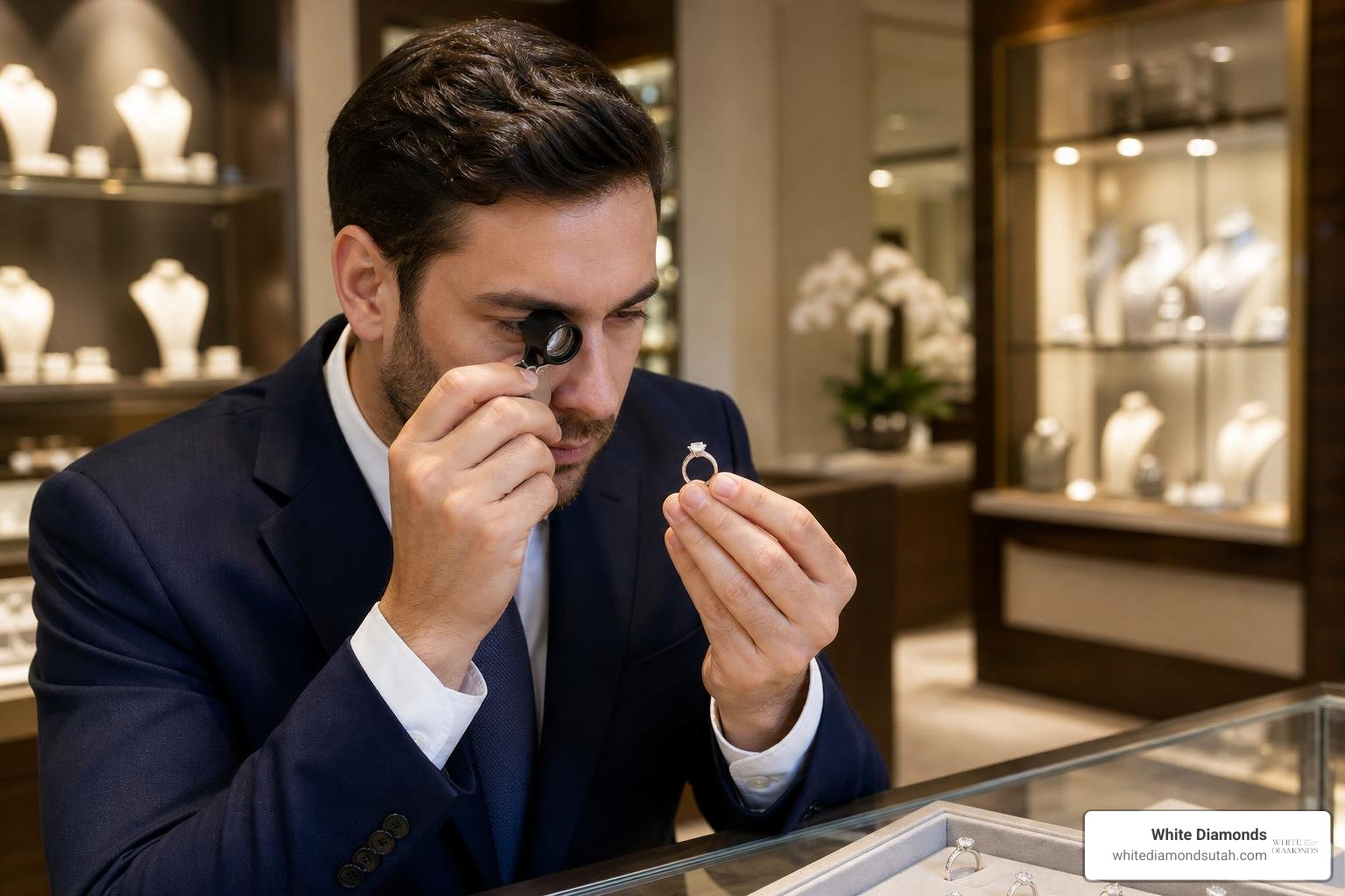 jeweler evaluating a ring with a loupe