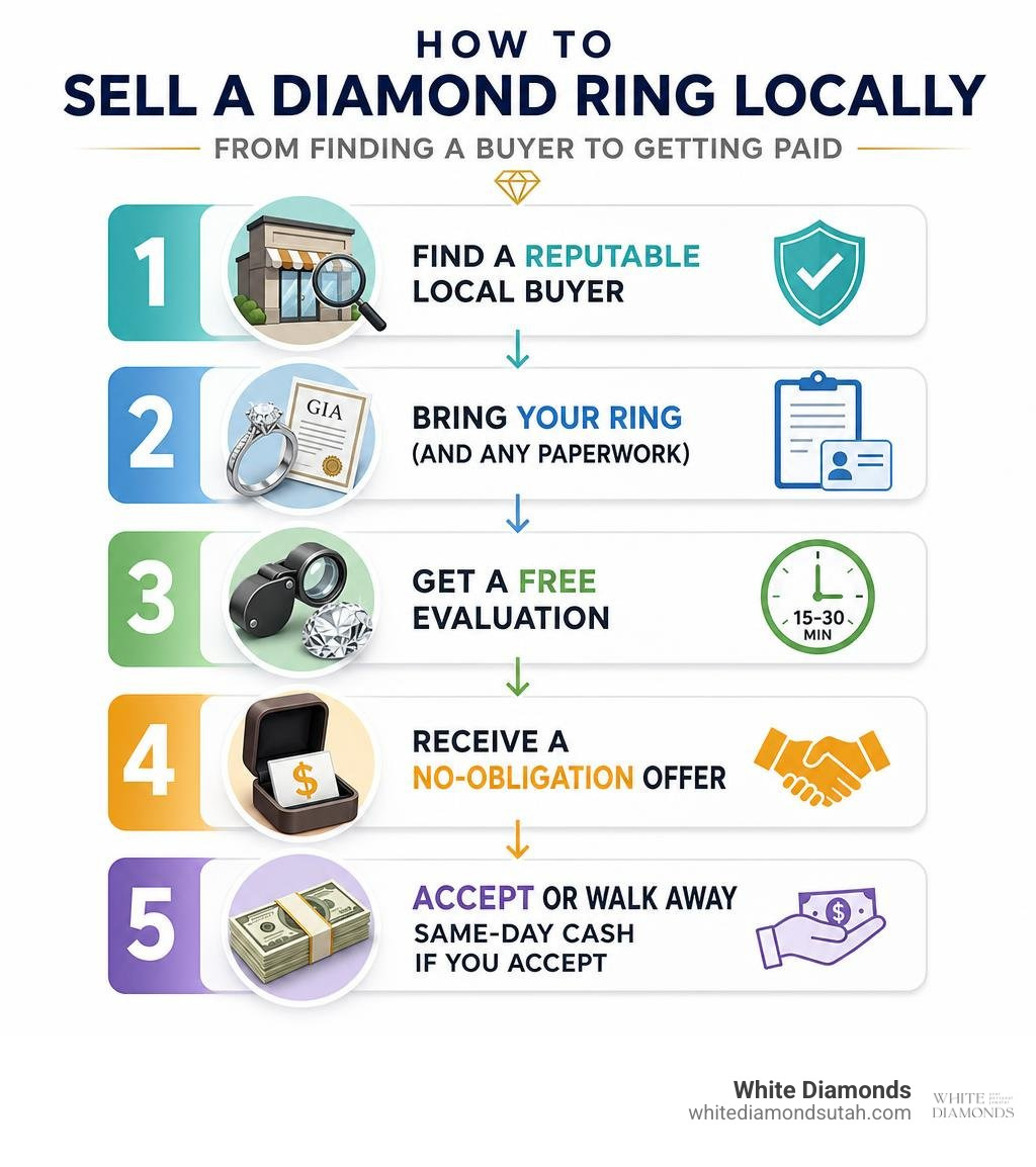 step-by-step infographic: how to sell a diamond ring locally, from finding a buyer to getting paid infographic