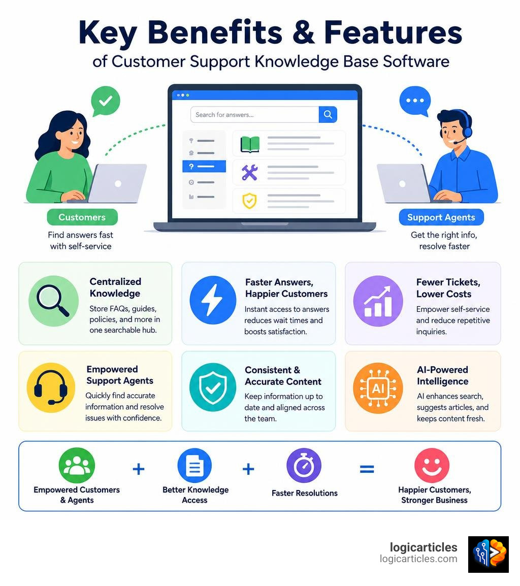key benefits and features of customer support knowledge base software infographic infographic