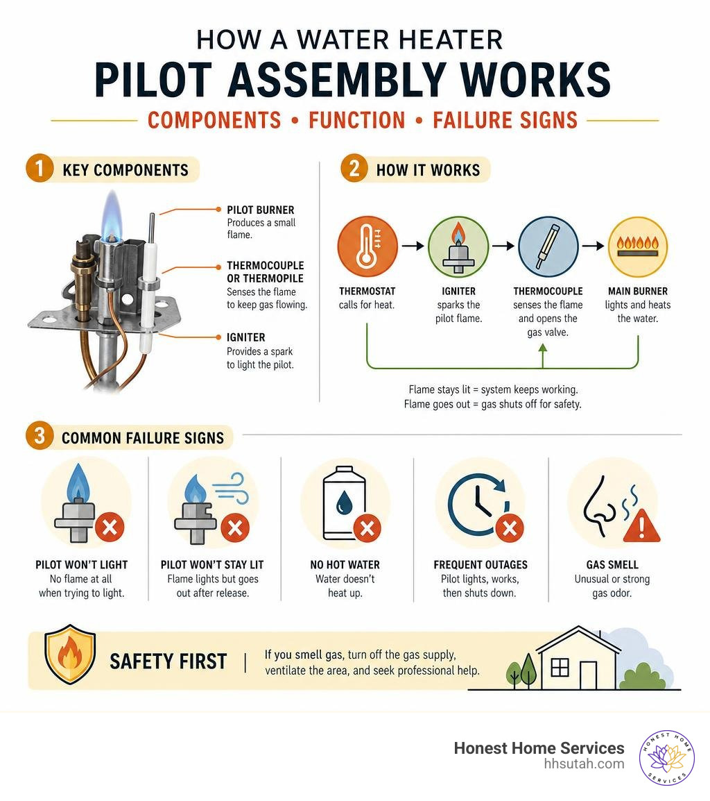 How a water heater pilot assembly works: components, function, and failure signs infographic How a water heater pilot assembly works: components, function, and failure signs infographic