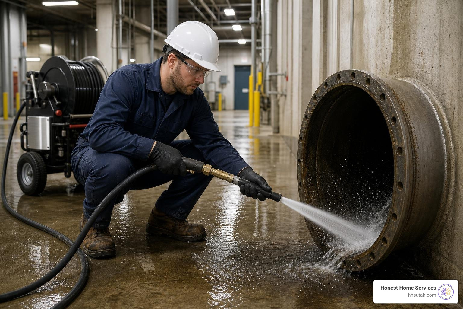 Commercial plumber performing hydro jetting and drain cleaning Commercial plumber performing hydro jetting and drain cleaning
