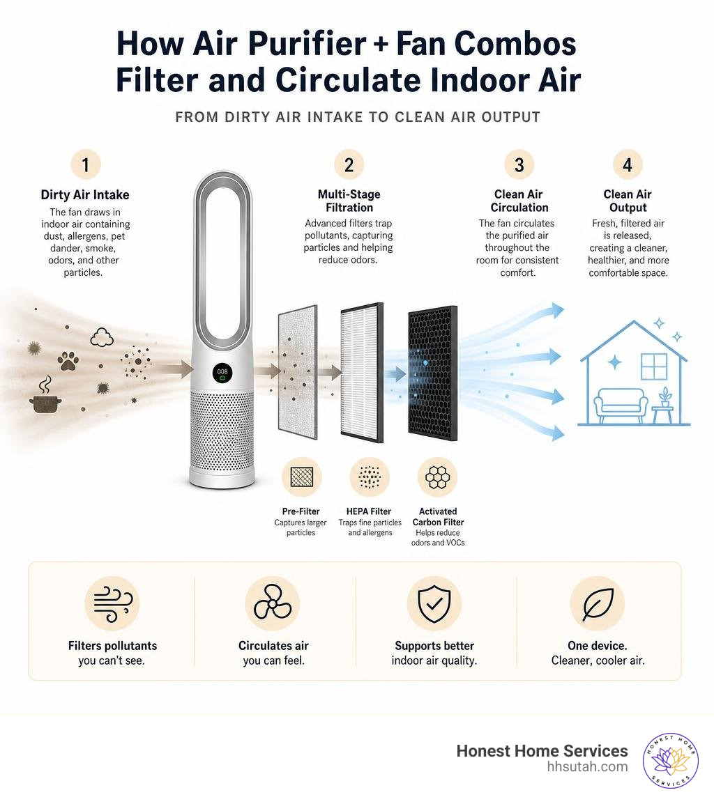 How air purifier fan combos filter and circulate indoor air — from dirty air intake to clean air output infographic How air purifier fan combos filter and circulate indoor air — from dirty air intake to clean air output infographic