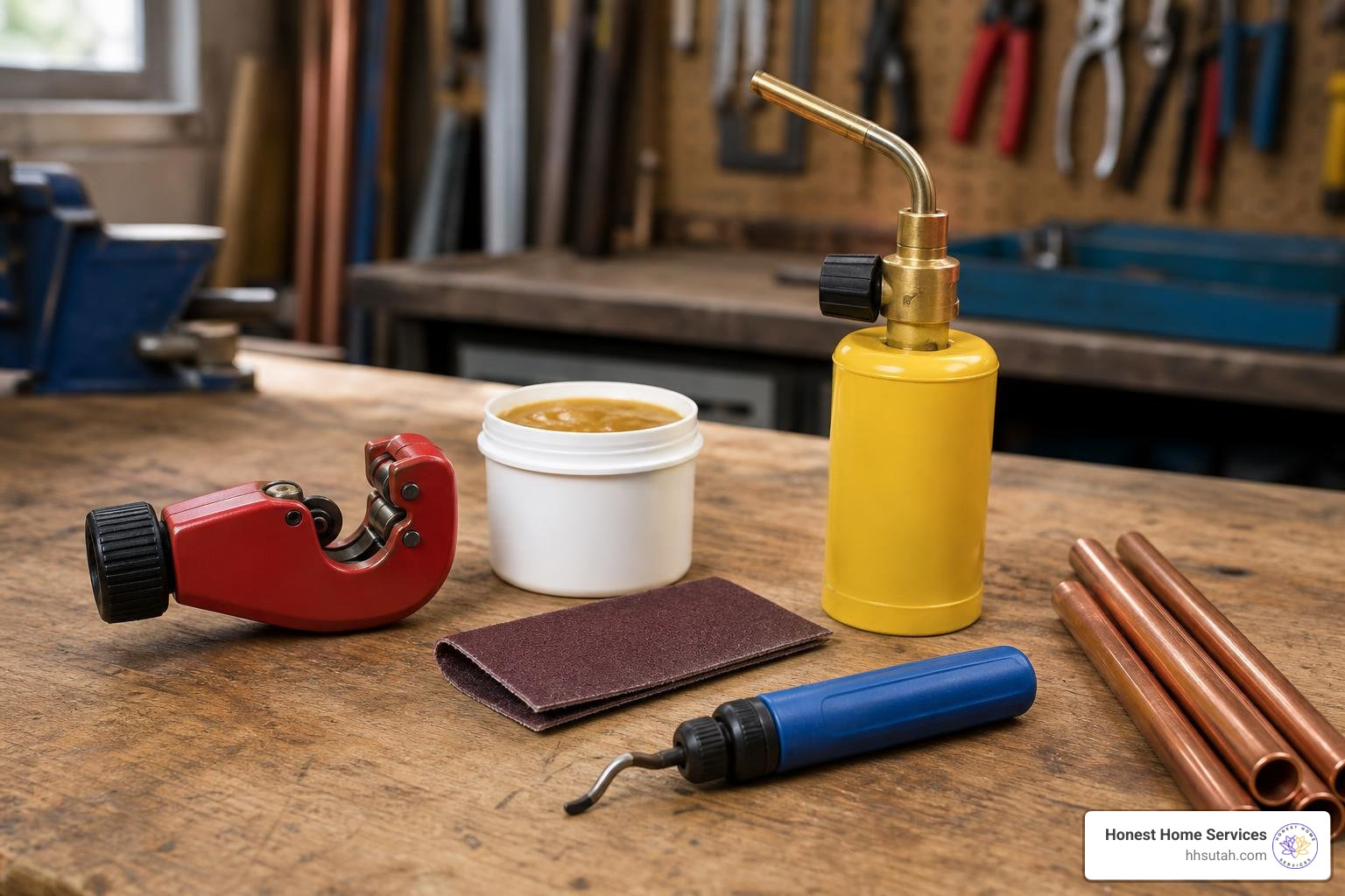 Essential tools for repairing copper pipe leaks including cutters, emery cloth, and flux Essential tools for repairing copper pipe leaks including cutters, emery cloth, and flux