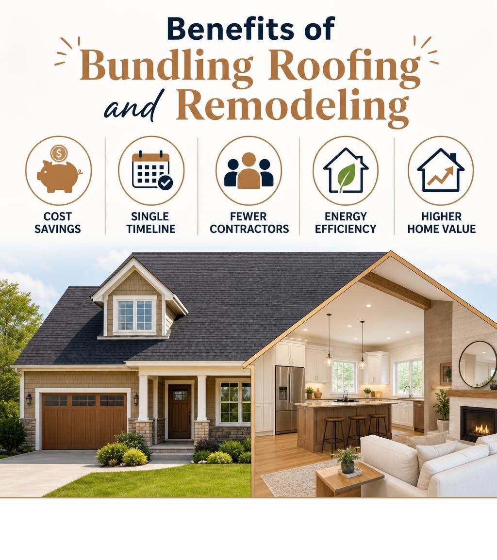 Benefits of bundling roofing and remodeling: cost savings, single timeline, fewer contractors, energy efficiency, higher Benefits of bundling roofing and remodeling: cost savings, single timeline, fewer contractors, energy efficiency, higher