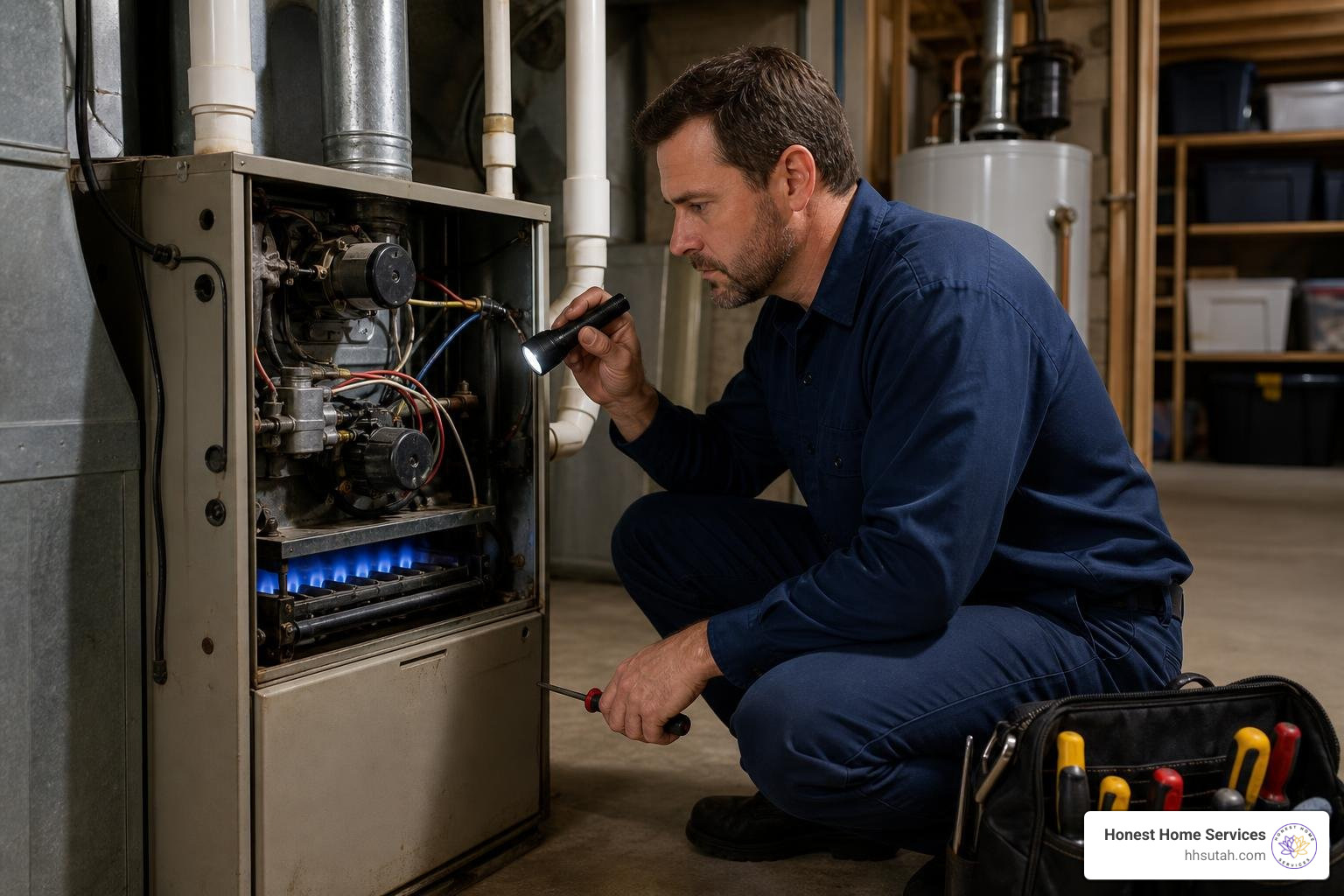 Licensed technician inspecting an older residential gas furnace Licensed technician inspecting an older residential gas furnace