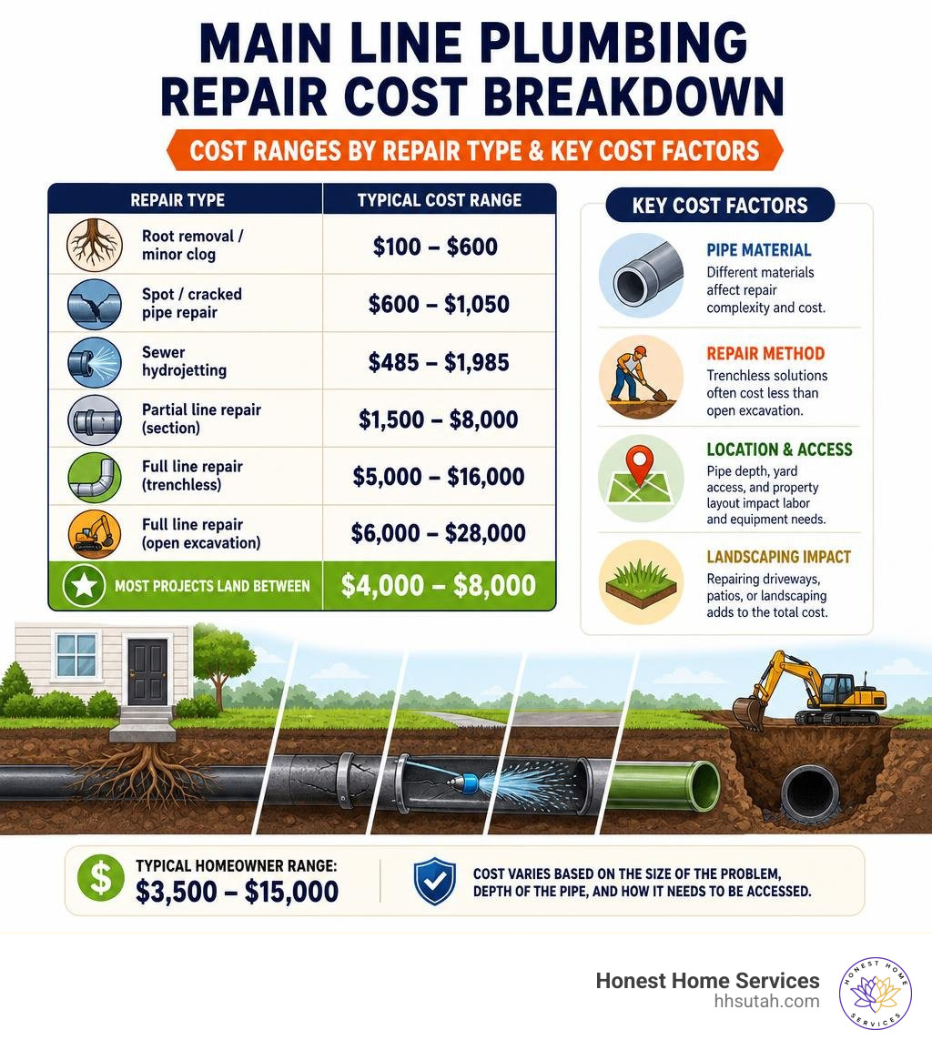 Main line plumbing repair cost breakdown infographic showing cost ranges by repair type and key cost factors infographic Main line plumbing repair cost breakdown infographic showing cost ranges by repair type and key cost factors infographic