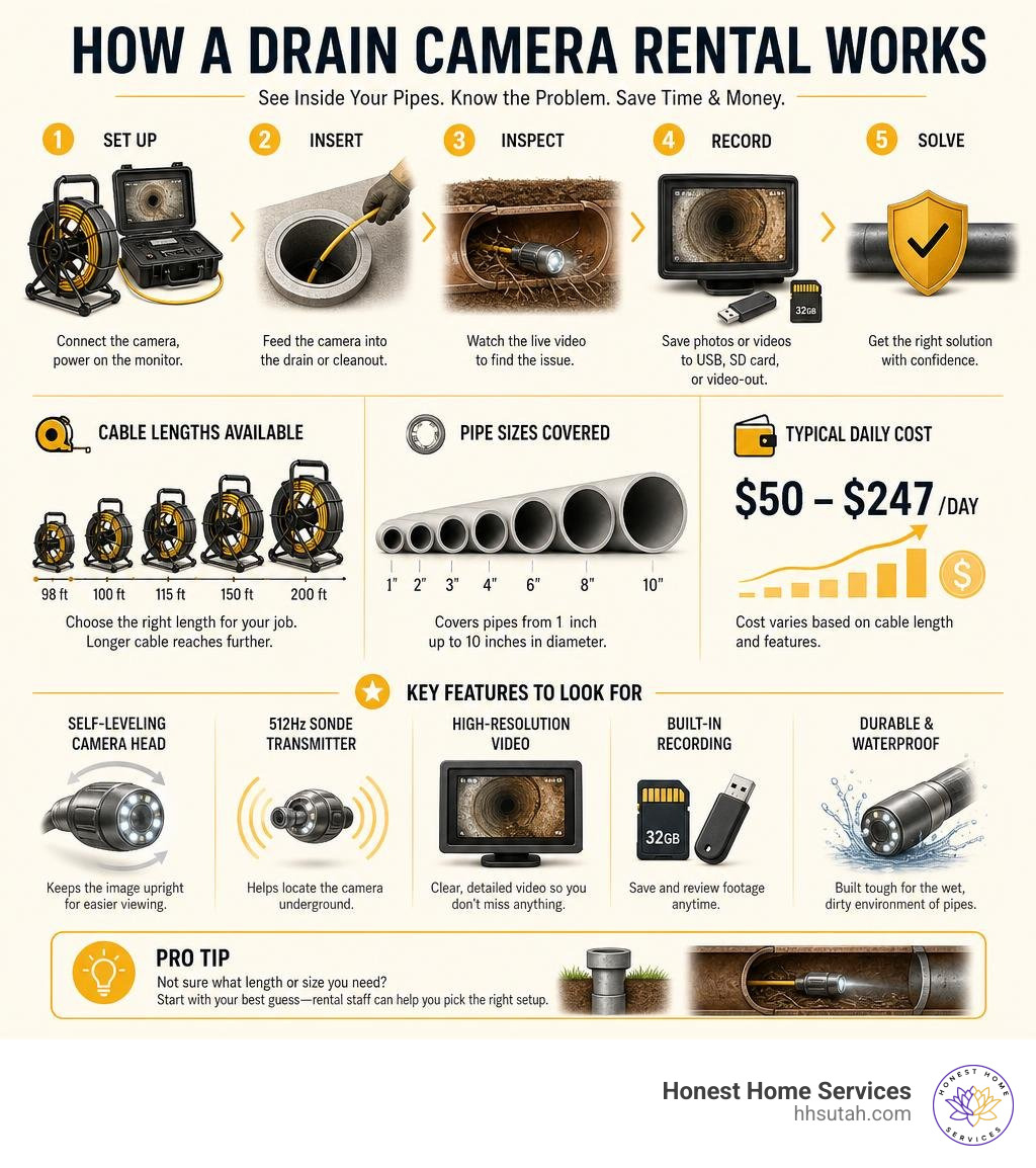 Infographic showing how a drain camera rental works: cable lengths, pipe sizes, costs, and key features infographic Infographic showing how a drain camera rental works: cable lengths, pipe sizes, costs, and key features infographic