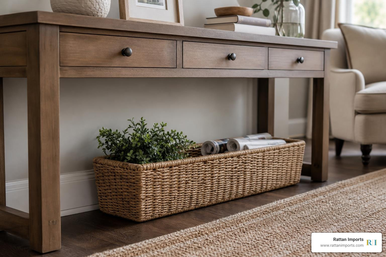 narrow woven basket styled under a living room console table