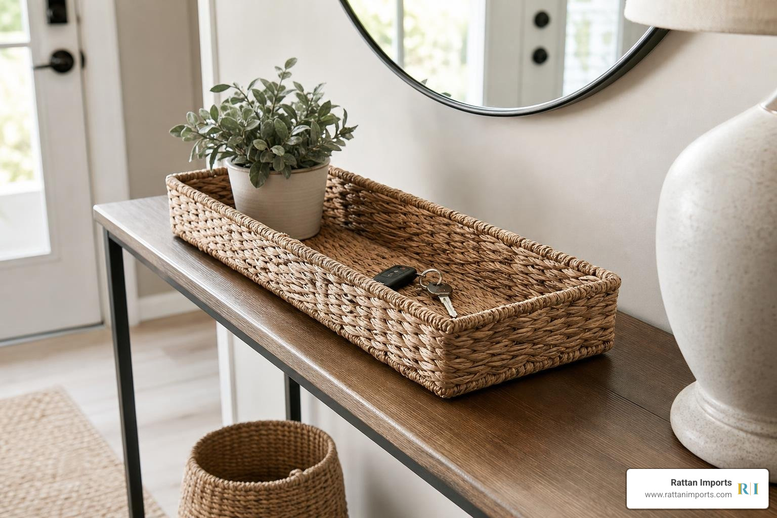 long narrow rectangular basket styled on entryway console table
