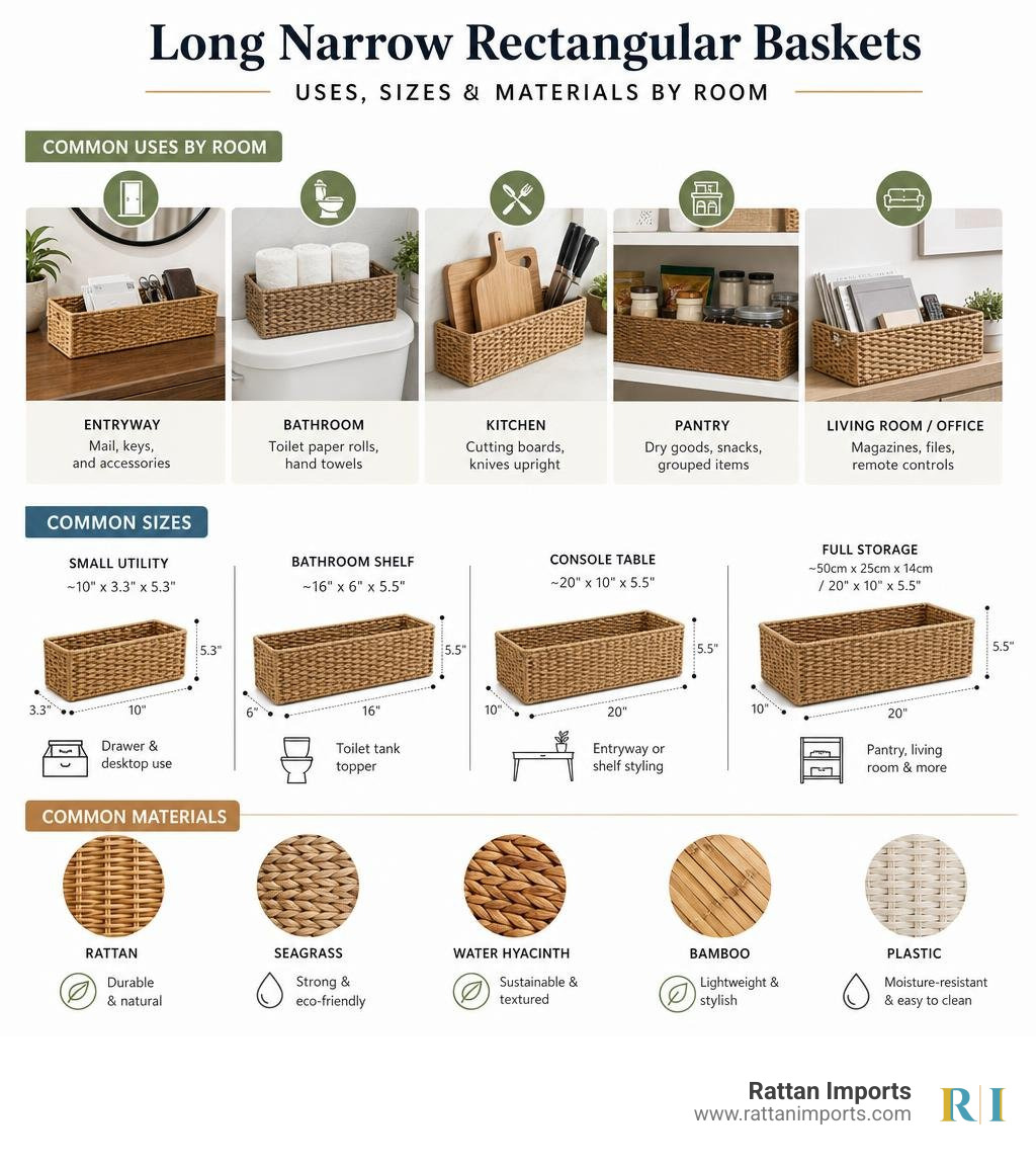 Infographic showing common uses, sizes, and materials for long narrow rectangular baskets by room infographic