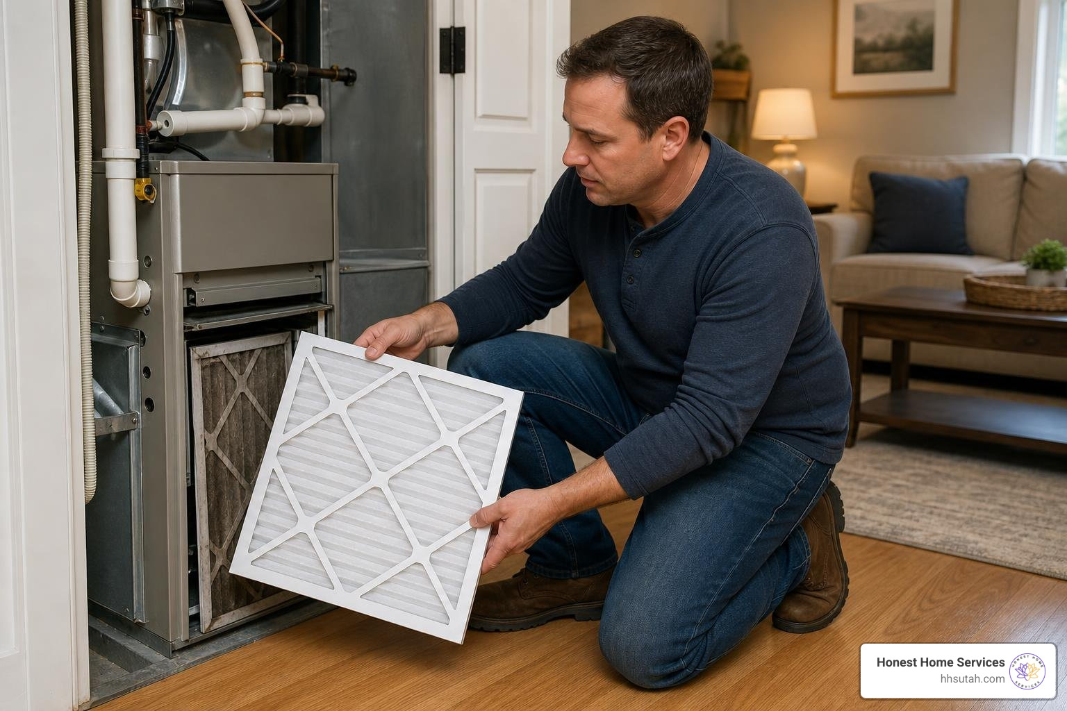 Homeowner replacing a furnace air filter Homeowner replacing a furnace air filter