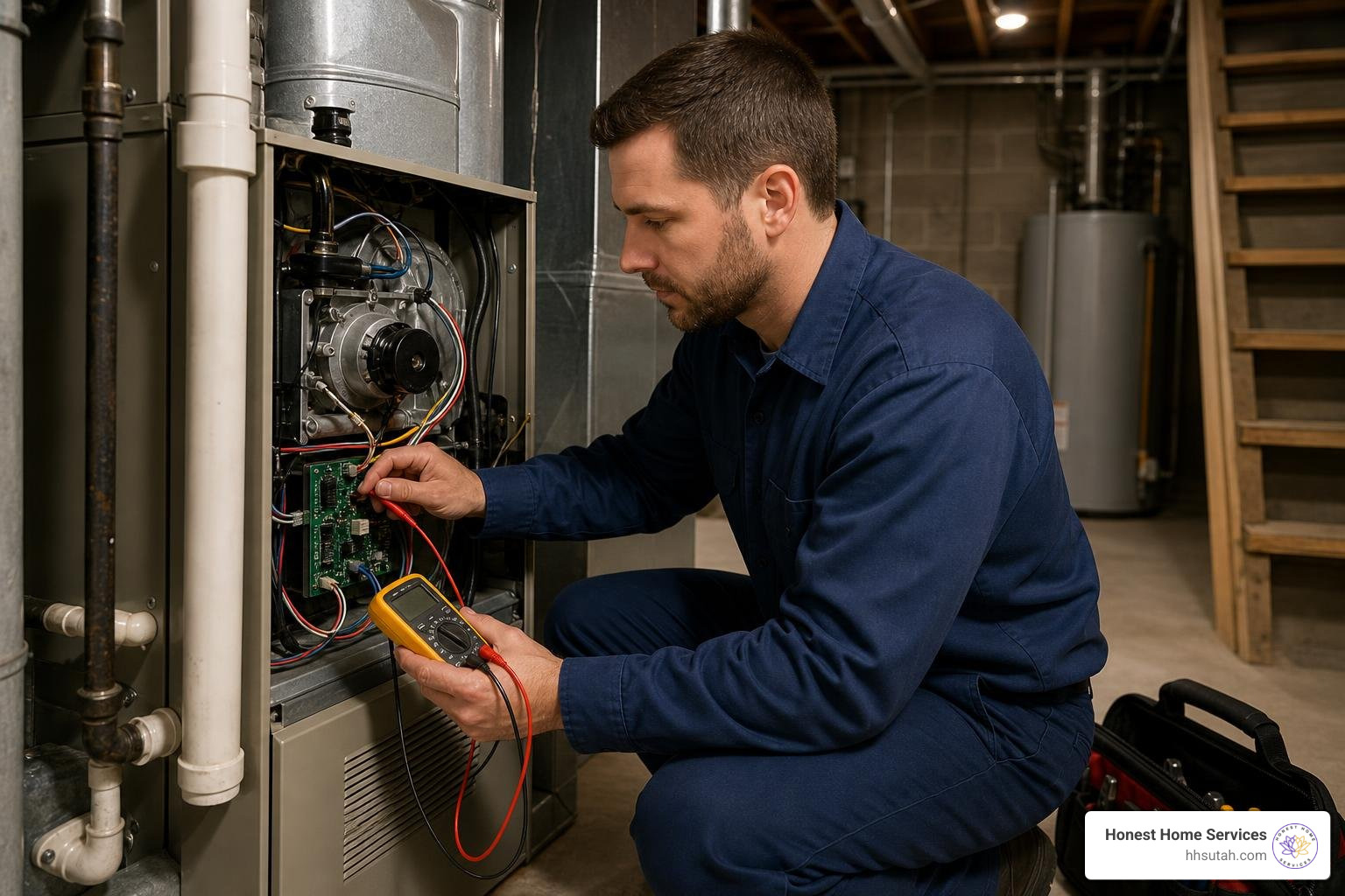 HVAC technician inspecting a furnace control board HVAC technician inspecting a furnace control board
