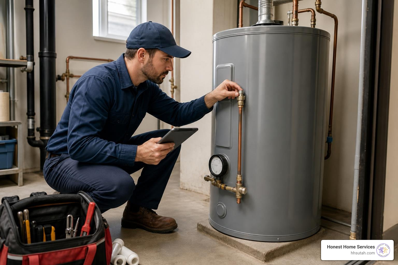 professional plumber inspecting a water heater professional plumber inspecting a water heater