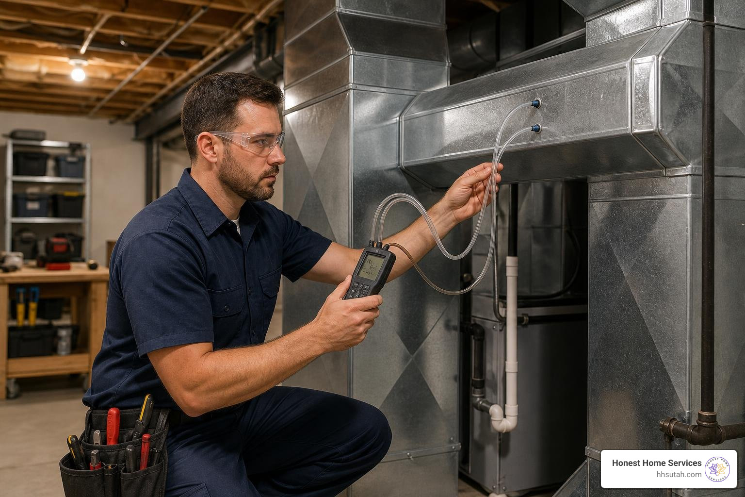 HVAC technician measuring static pressure and airflow in ductwork HVAC technician measuring static pressure and airflow in ductwork