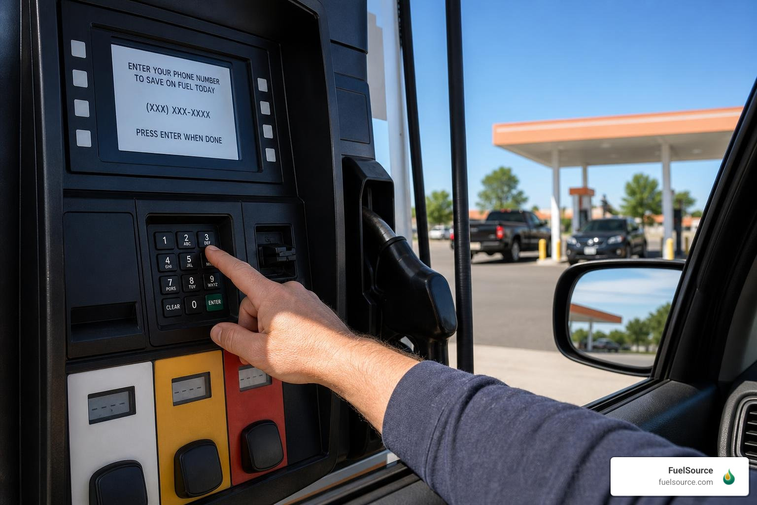 Driver entering phone number at a Circle K gas pump to redeem discount