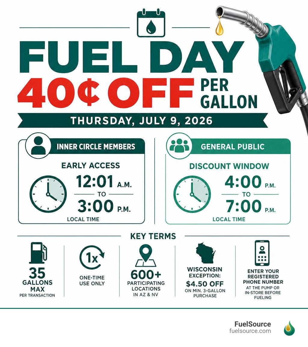 Circle K Fuel Day schedule infographic showing member vs public discount windows and key terms infographic