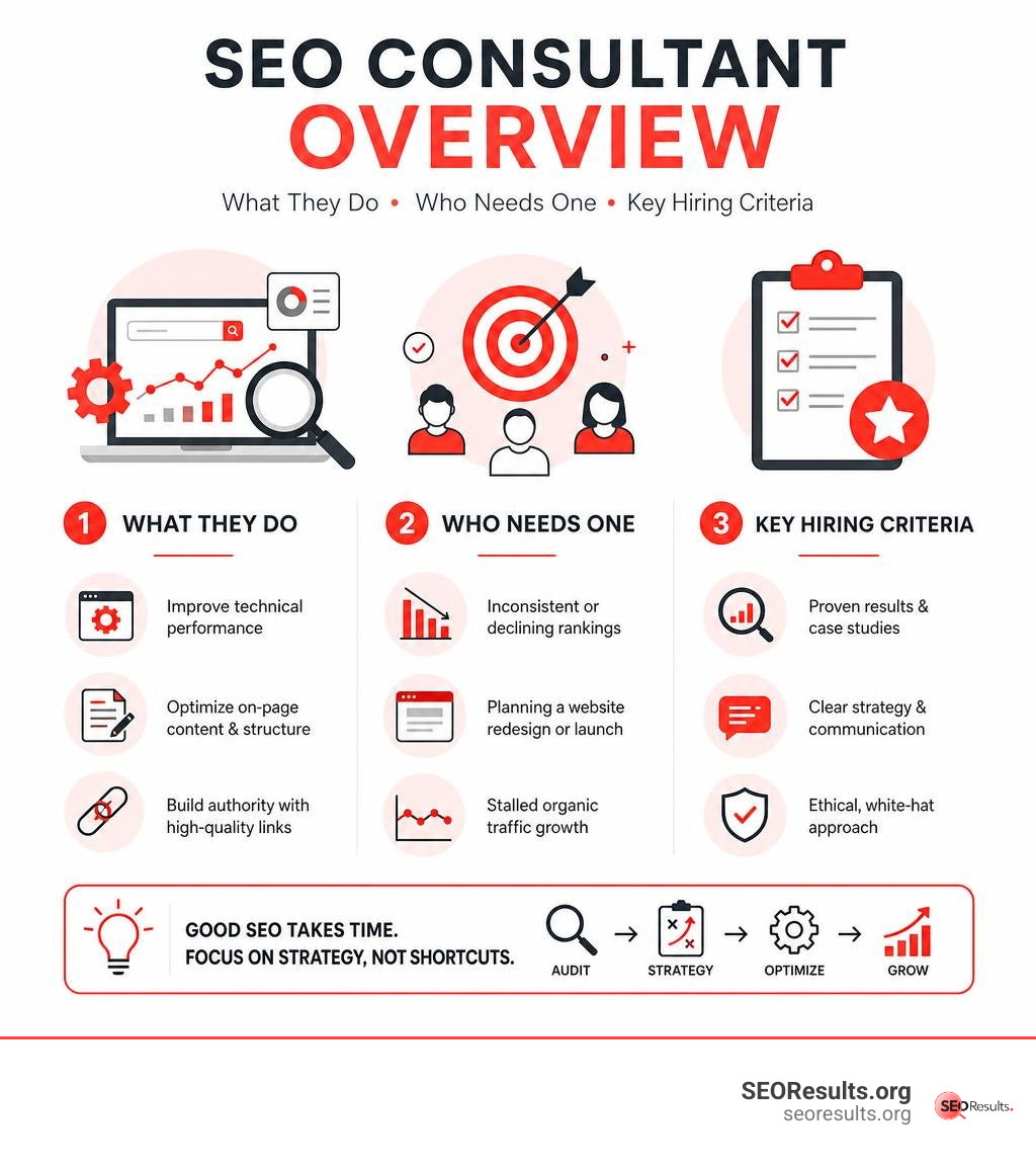 Overview infographic: what an SEO consultant does, who needs one, and key hiring criteria infographic Overview infographic: what an SEO consultant does, who needs one, and key hiring criteria infographic