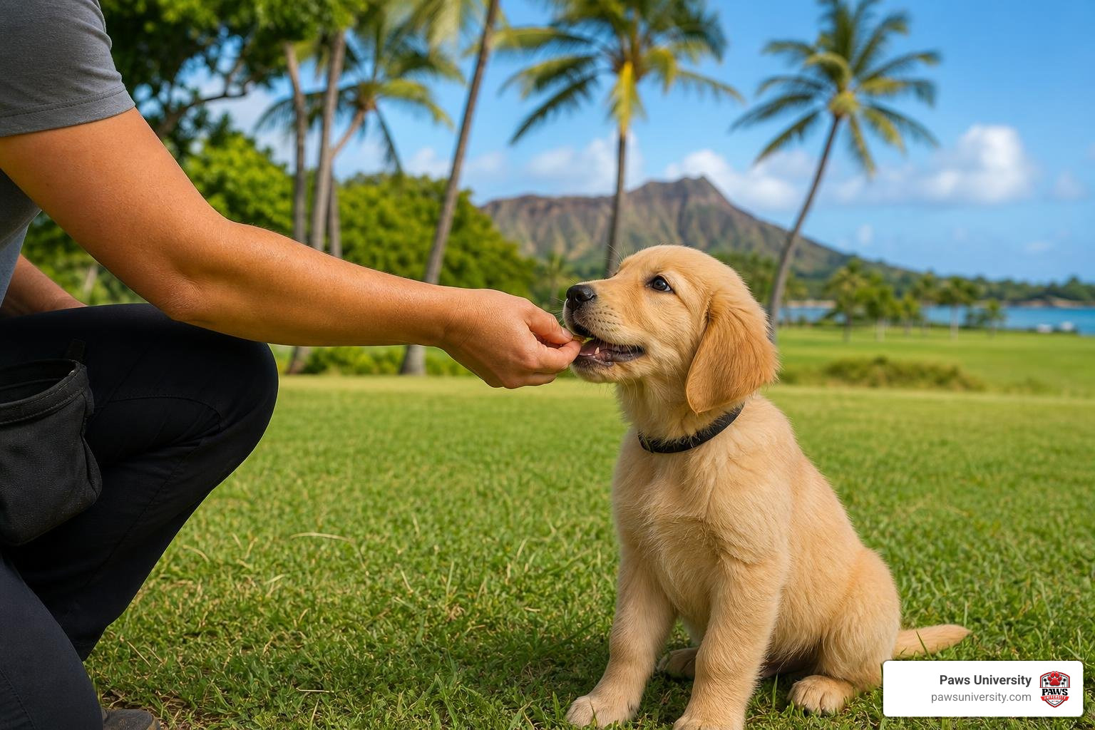 Professional dog trainer rewarding a puppy outdoors in a tropical Hawaiian park Professional dog trainer rewarding a puppy outdoors in a tropical Hawaiian park