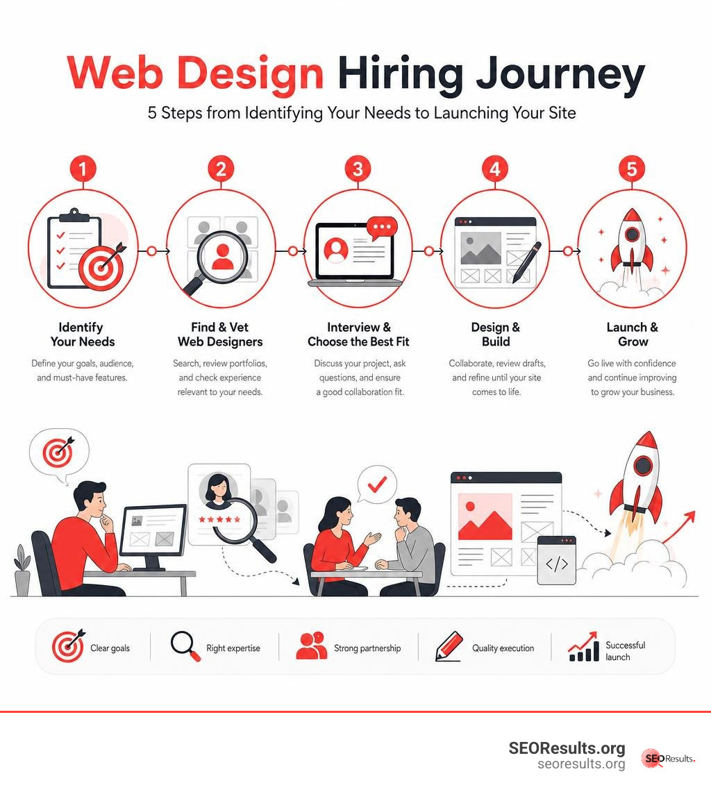 Web design hiring journey infographic: 5 steps from identifying your needs to launching your site infographic