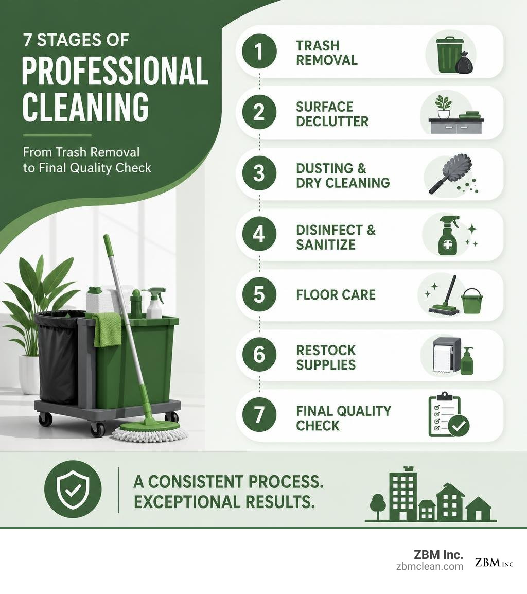 infographic showing the 7 stages of professional cleaning from trash removal to final quality check infographic infographic showing the 7 stages of professional cleaning from trash removal to final quality check infographic
