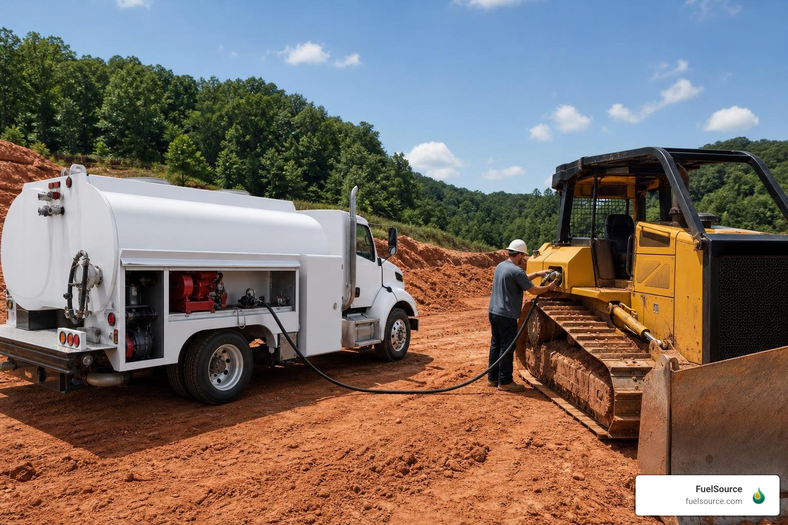 A mobile fleet fuel delivery truck servicing a construction site in North Georgia A mobile fleet fuel delivery truck servicing a construction site in North Georgia