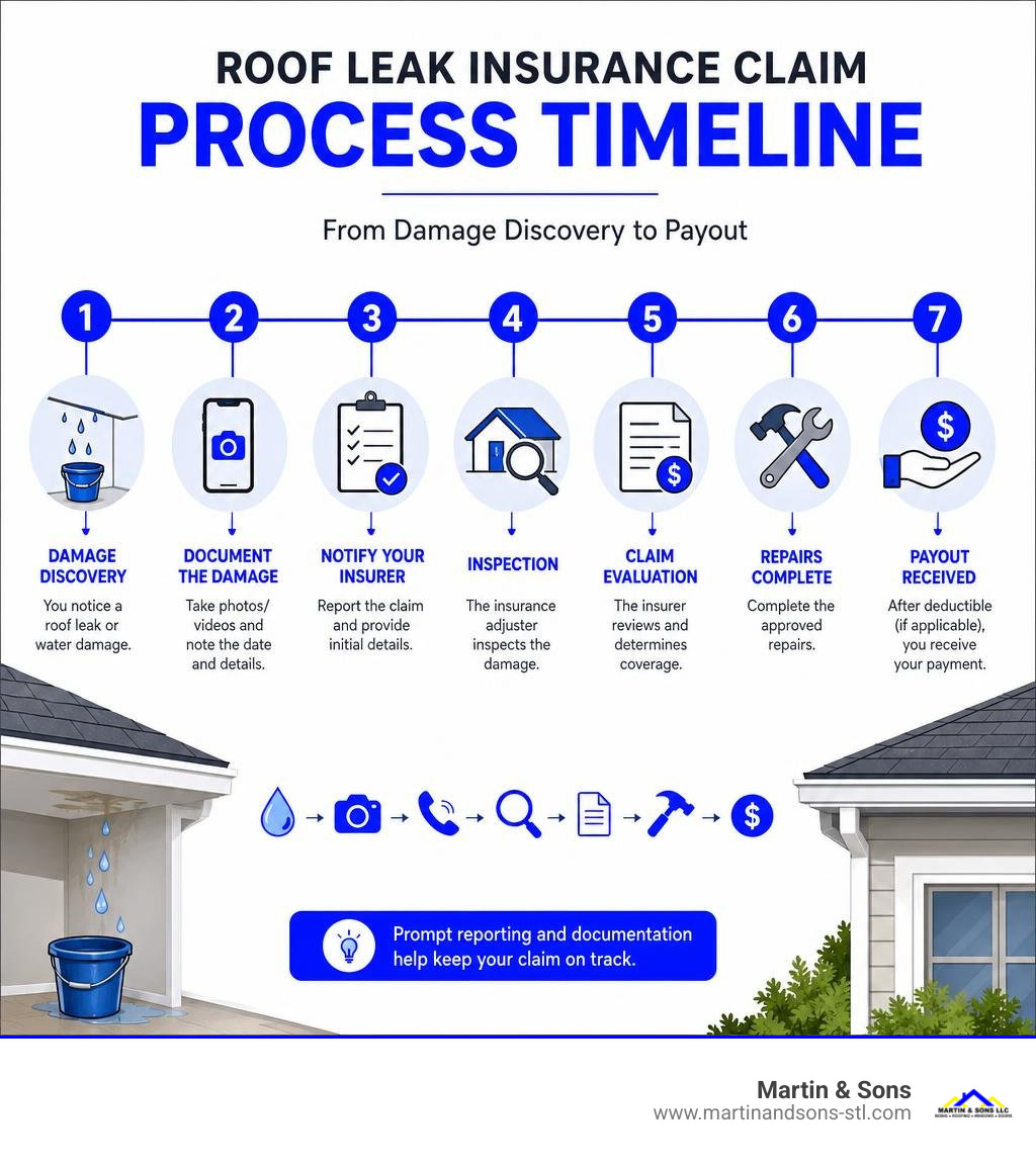 Roof leak insurance claim process timeline from damage discovery to payout infographic Roof leak insurance claim process timeline from damage discovery to payout infographic