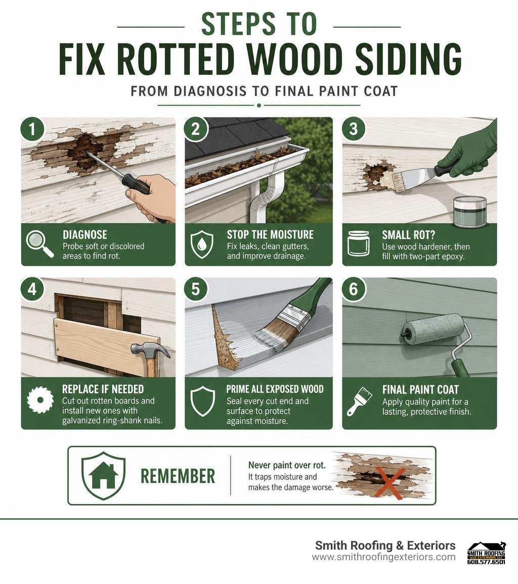 Steps to fix rotted wood siding from diagnosis to final paint coat infographic Steps to fix rotted wood siding from diagnosis to final paint coat infographic
