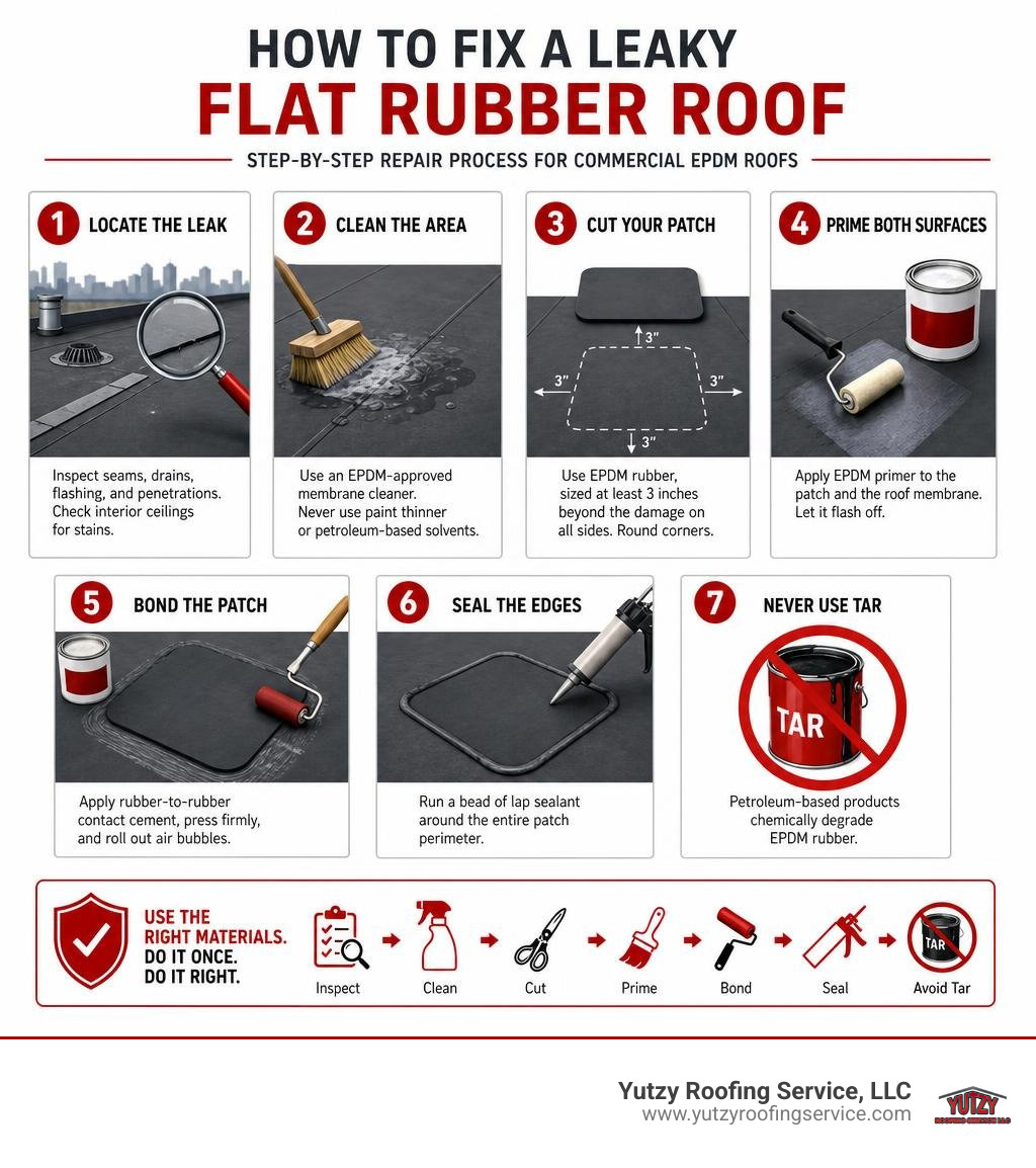 step-by-step flat rubber roof leak repair process for commercial EPDM roofs infographic step-by-step flat rubber roof leak repair process for commercial EPDM roofs infographic