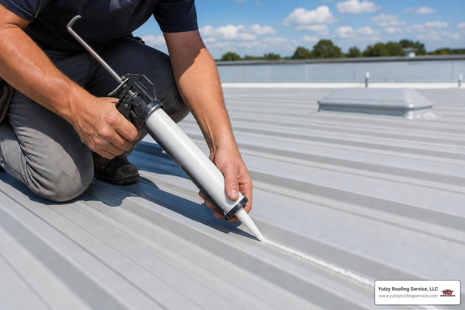 technician applying caulk to a commercial metal roof seam technician applying caulk to a commercial metal roof seam