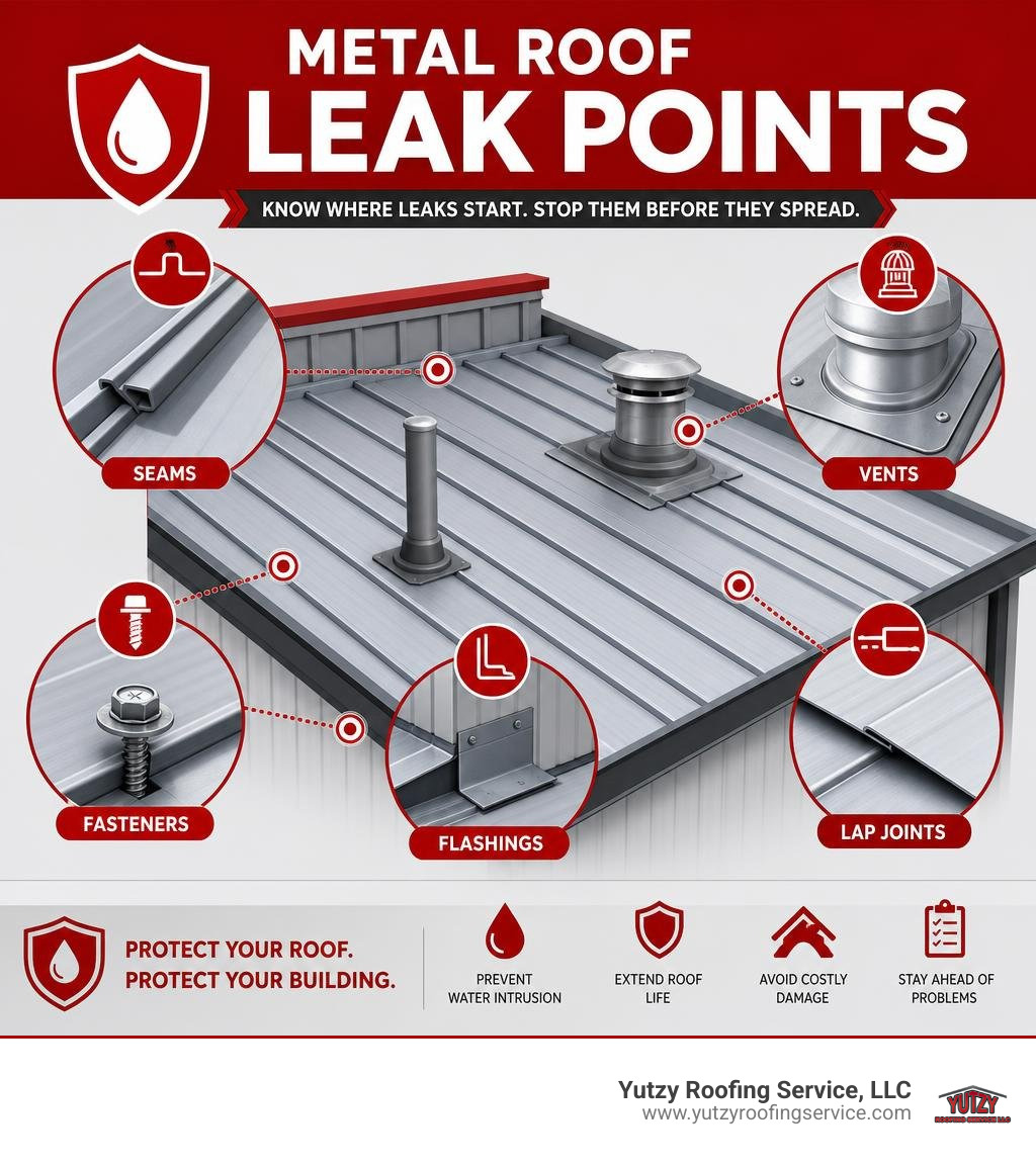 metal roof leak points diagram showing seams fasteners flashings vents and lap joints infographic metal roof leak points diagram showing seams fasteners flashings vents and lap joints infographic