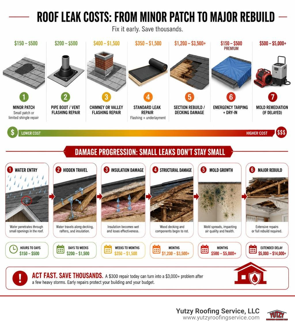 infographic showing roof leak cost ranges from minor patch to major structural rebuild with damage progression stages infographic showing roof leak cost ranges from minor patch to major structural rebuild with damage progression stages