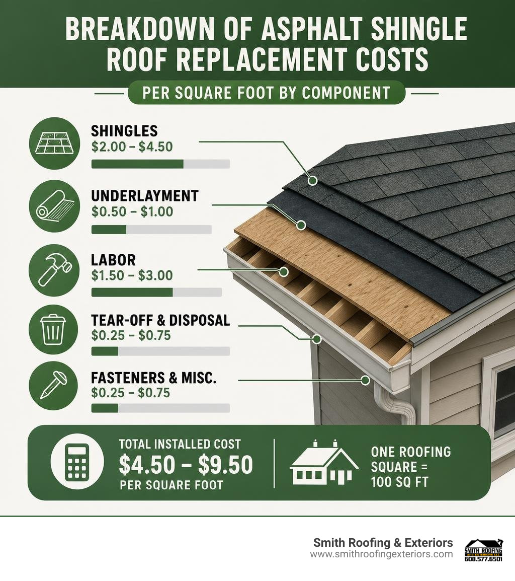 Breakdown of asphalt shingle roof replacement costs per square foot by component infographic Breakdown of asphalt shingle roof replacement costs per square foot by component infographic