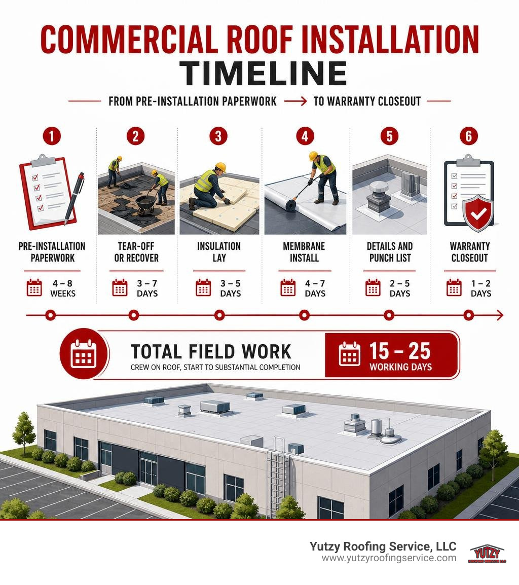 Commercial roof installation timeline from pre-installation paperwork through punch list and warranty closeout infographic Commercial roof installation timeline from pre-installation paperwork through punch list and warranty closeout infographic