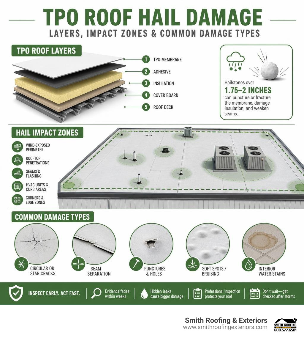 TPO roof layers, hail impact zones, and common damage types illustrated infographic TPO roof layers, hail impact zones, and common damage types illustrated infographic