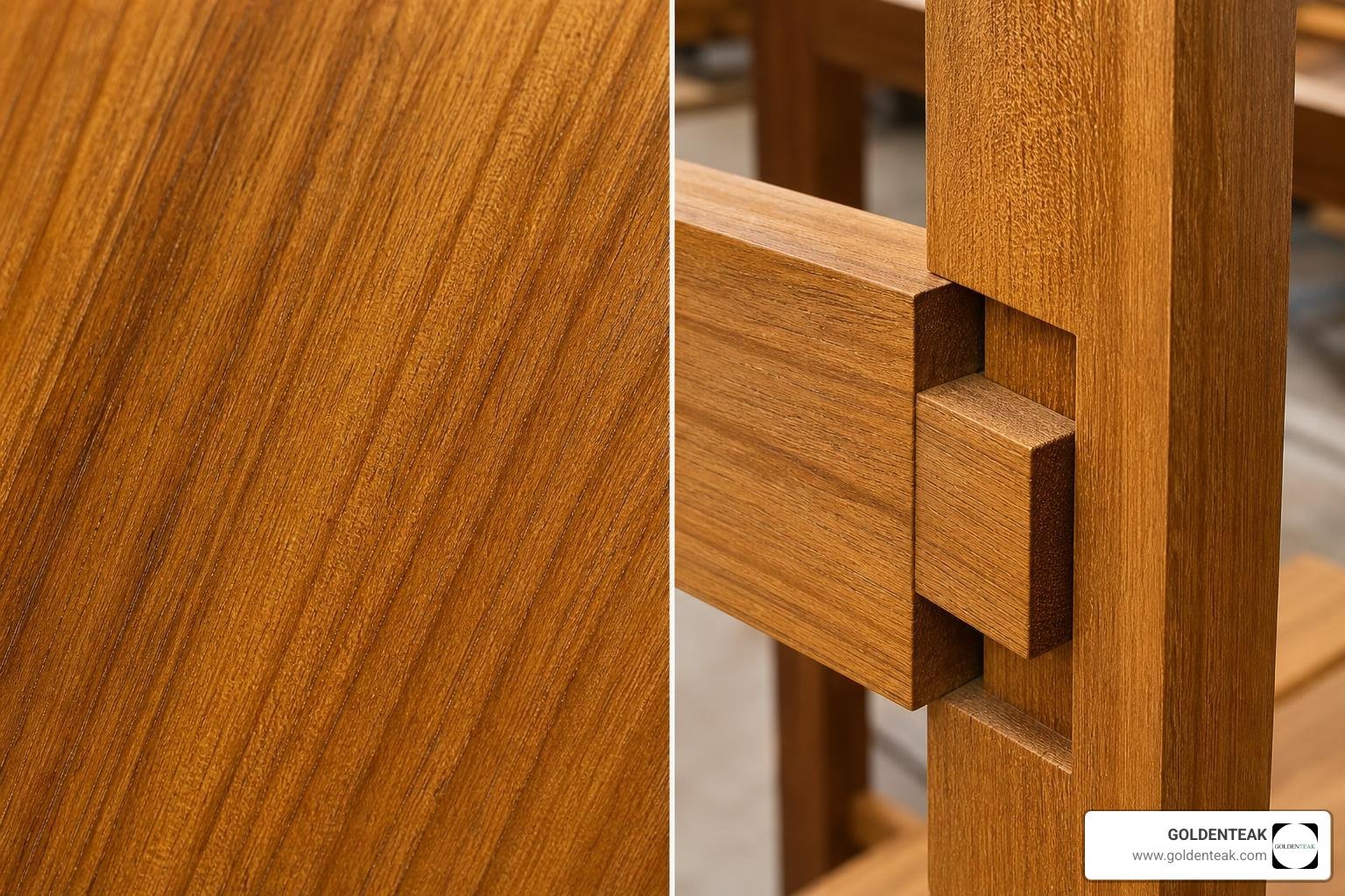 close-up of premium grade A teak wood grain and tight mortise and tenon joinery