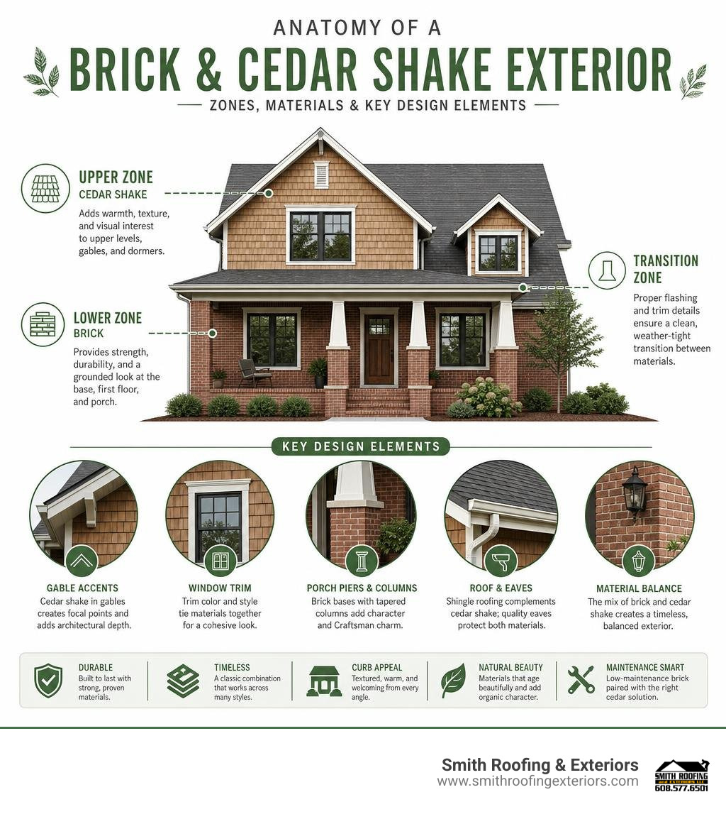 Anatomy of a brick and cedar shake exterior showing zones, materials, and key design elements infographic Anatomy of a brick and cedar shake exterior showing zones, materials, and key design elements infographic