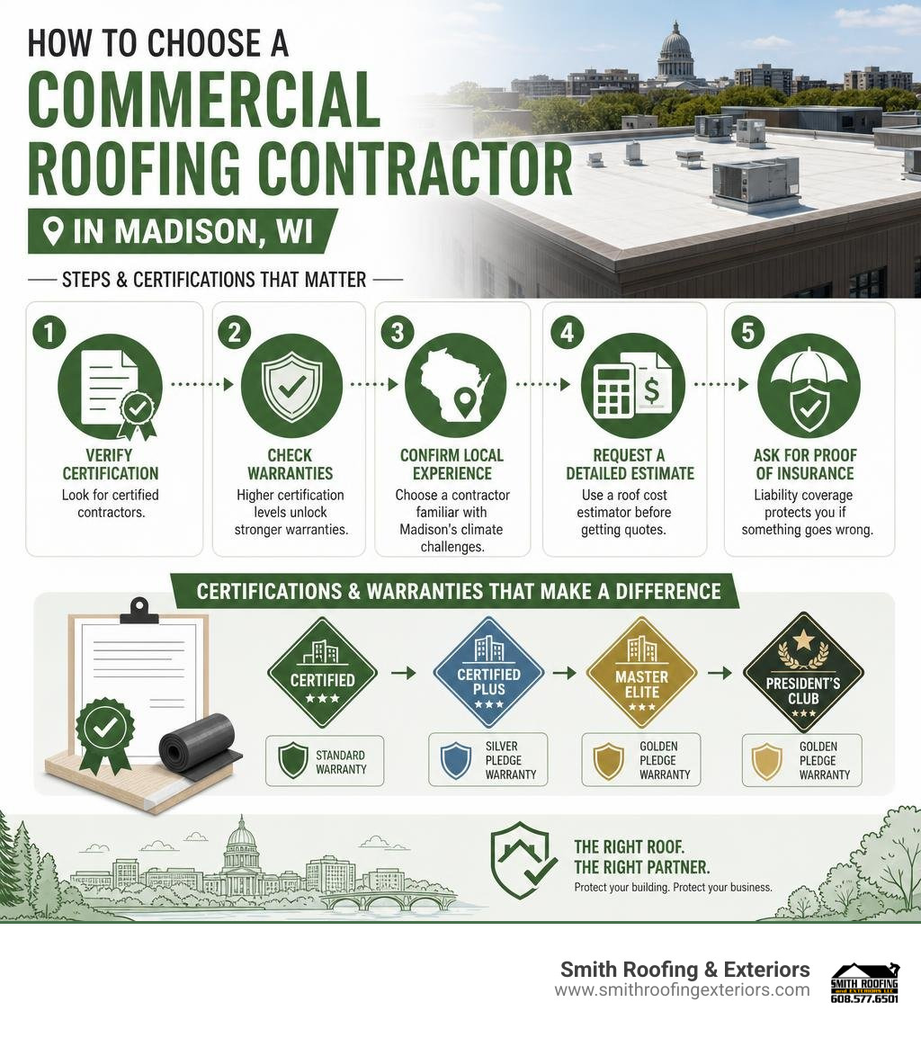 How to choose a commercial roofing contractor in Madison WI — steps and certifications infographic How to choose a commercial roofing contractor in Madison WI — steps and certifications infographic