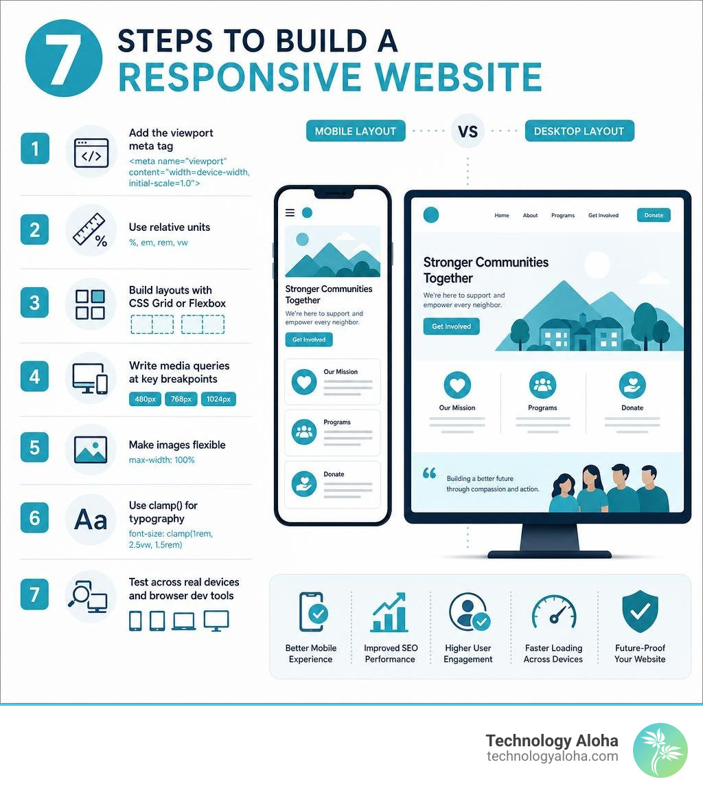 Infographic showing the 7 steps to build a responsive website with mobile vs desktop layout comparison infographic Infographic showing the 7 steps to build a responsive website with mobile vs desktop layout comparison infographic