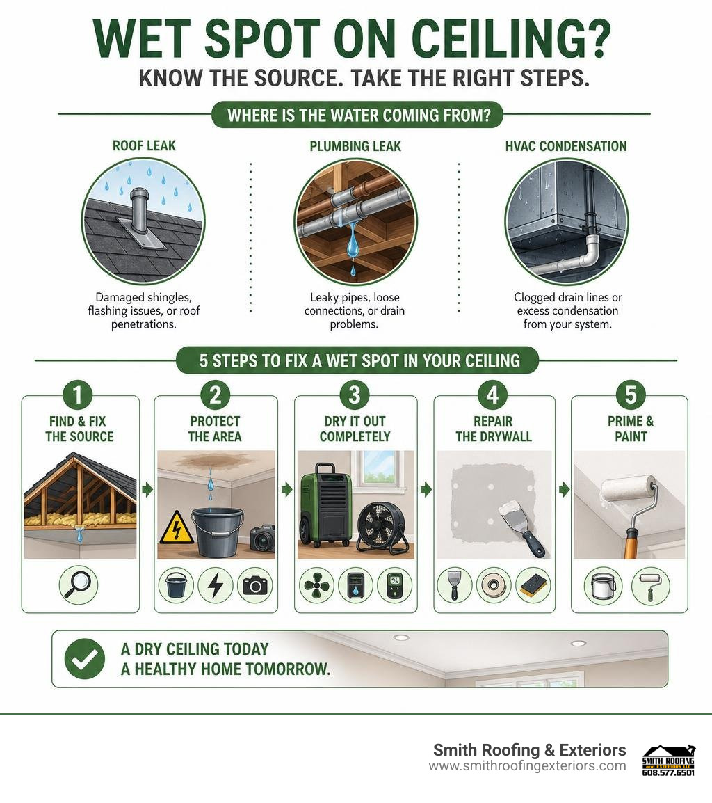 infographic showing ceiling wet spot causes roof plumbing HVAC and repair steps infographic infographic showing ceiling wet spot causes roof plumbing HVAC and repair steps infographic