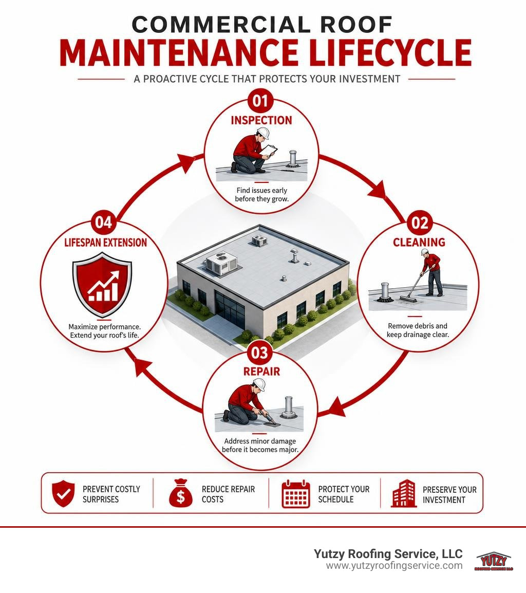 Commercial roof maintenance lifecycle infographic showing inspection, cleaning, repair, and lifespan extension stages Commercial roof maintenance lifecycle infographic showing inspection, cleaning, repair, and lifespan extension stages
