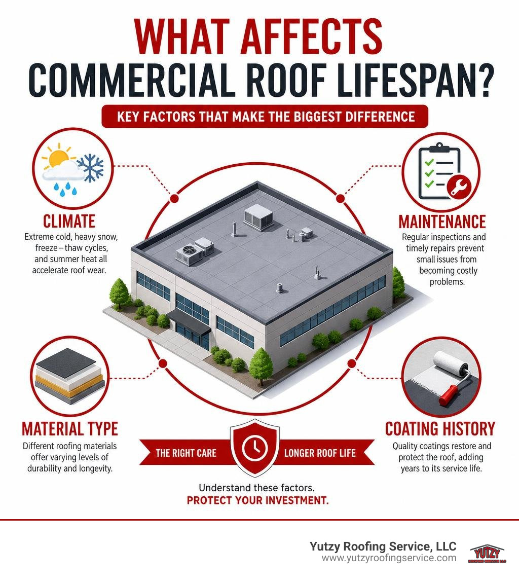 Infographic showing commercial roof lifespan factors: climate, maintenance, material type, coating history infographic Infographic showing commercial roof lifespan factors: climate, maintenance, material type, coating history infographic