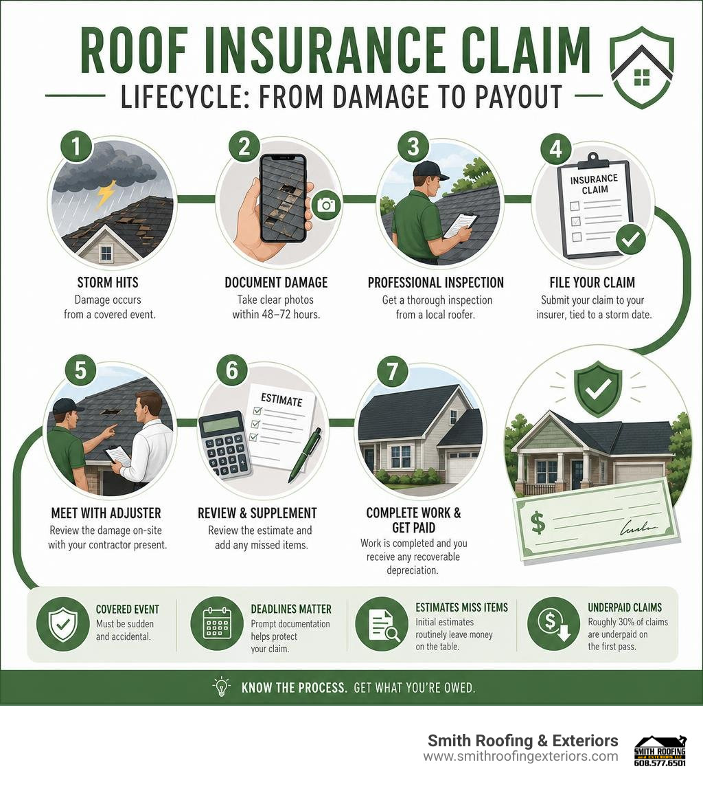 Roof insurance claim lifecycle infographic from damage documentation to final payout infographic Roof insurance claim lifecycle infographic from damage documentation to final payout infographic